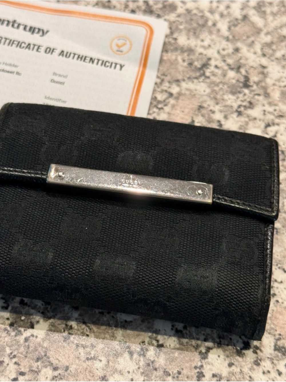 Black Gucci Logo Canvas Wallet with Silver Bar